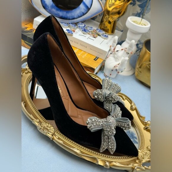 🆕 KURT GEIGER LONDON 🧿 NWOB Belgravia Bow Court Heel, Black Velvet Sz38.5 US 8 - Picture 12 of 16